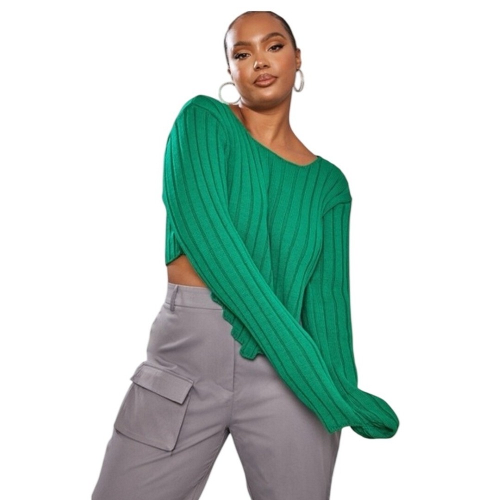 PRETTYLITTLETHING Ribbed Cropped Sweater Green Long Sleeve Women's 2XL NEW